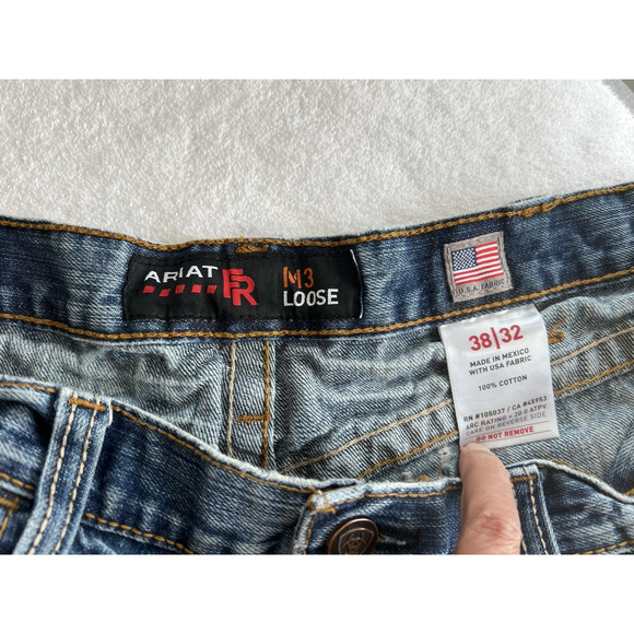 Ariat FR M3 Loose Fit Jeans Blue Men’s 38X32 Thrashed Grunge Work Cotton CAT2 - Picture 3 of 15